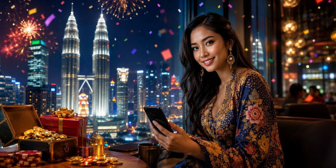 Pemain Baccarat mengakses kasino live ultra66 melalui peranti mudah alih di Kuala Lumpur dengan motif batik